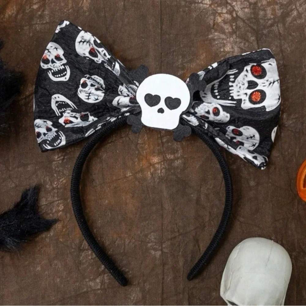 New Halloween Skull Headband - Spooky Handmade Accessory, Sugar Skull, Big Bow